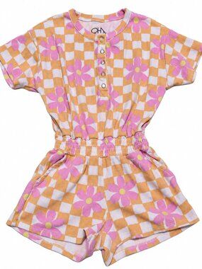 CHASER Girls Romper Size 6 Orange Checkerboard Pink Daisy Floral Retro Shorts